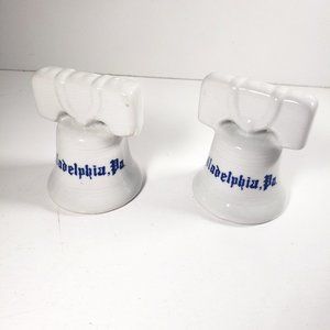 Philadelphia PA Liberty Bell Salt and Pepper Shaker Set White w/ Blue Spell Out